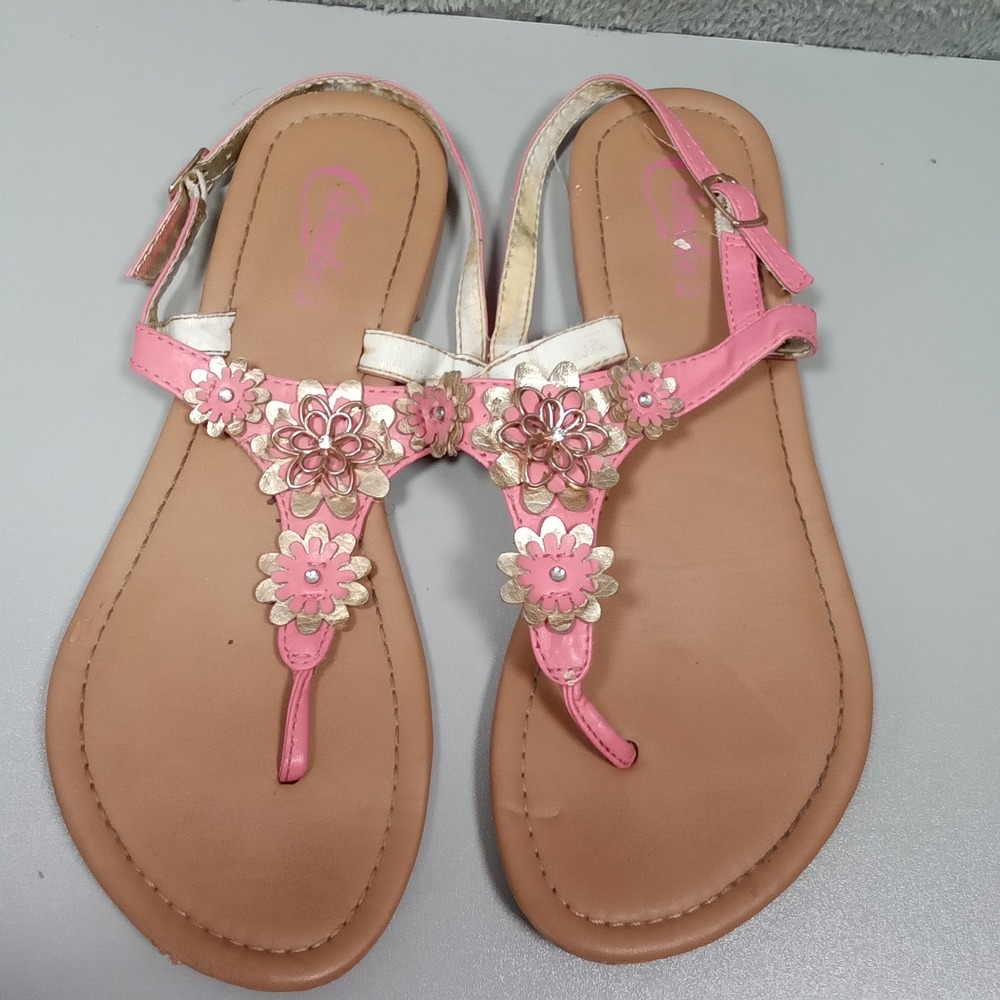 Candies Pink Floral Thong Sandals Gold Accents Slingback Flat Shoes Womens S 5-6